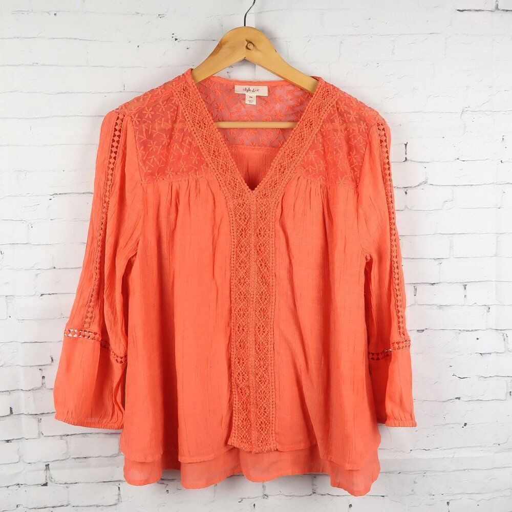 STYLE & CO ORANGE LONG SLEEVE V NECK TOP WITH FLORAL LACE & MESH DETAIL SIZE M